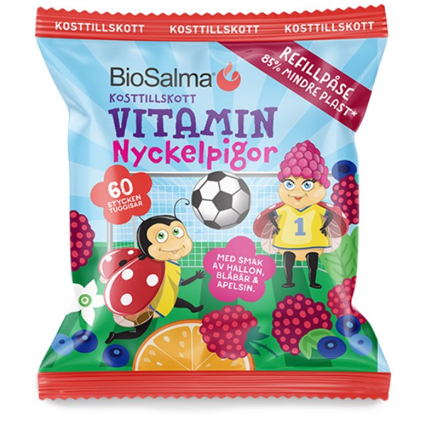 BioSalma Monivitamiini Leppäkertut, Vadelma/Mustikka/Appelsiini, Täyttöpakkaus - 60 Gummies