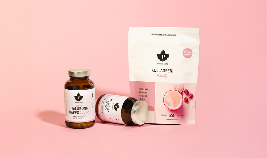 Puhdistamon Beauty-sarjan tuotteita vaaleanpunaisella taustalla.