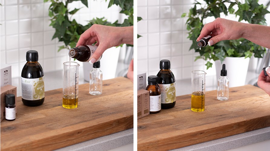 Kaksi kuvaa henkilöstä, joka kaataa öljyä ja eteeristä öljyä mittalasiin. Kaksi kuvaa henkilöstä, joka kaataa öljyä ja eteeristä öljyä mittalasiin.