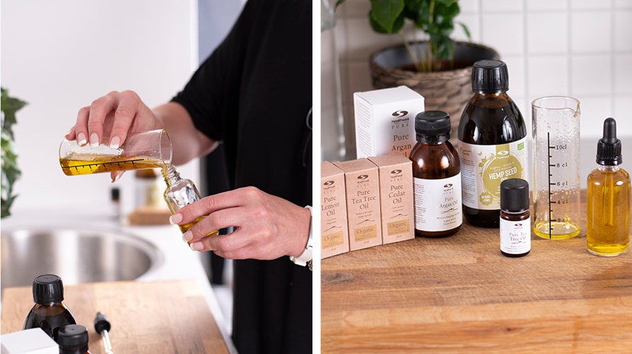 Yksi kuva öljystä mittalasissa ja toinen kuva eteerisistä öljyistä ja valmiista partaöljystä. Yksi kuva öljystä mittalasissa ja toinen kuva eteerisistä öljyistä ja valmiista partaöljystä.