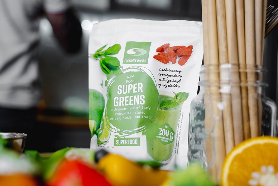 Healthwell Super Greens on 100 % luonnollinen ja ravinteikas vihreiden kasvien sekoitus.