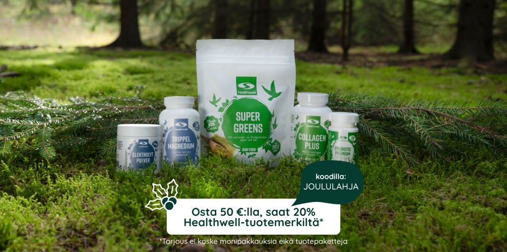 Osta 50 �:lla, saat 20 % Healthwell-tuotemerkilt�* koodilla: JOULULAHJA. *Tarjous ei koske monipakkauksia eik� pakettituotteita