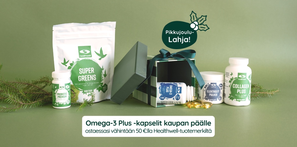 Pikkujoulutarjous, lahja, omega-3 ostaessasi v�hint��n 50 �:lla Healthwell-tuotemerkilt�