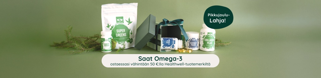 Saat Pikkujoulutarjous, lahja, omega-3 ostaessasi vähintään 50 €:lla Healthwell-tuotemerkiltä