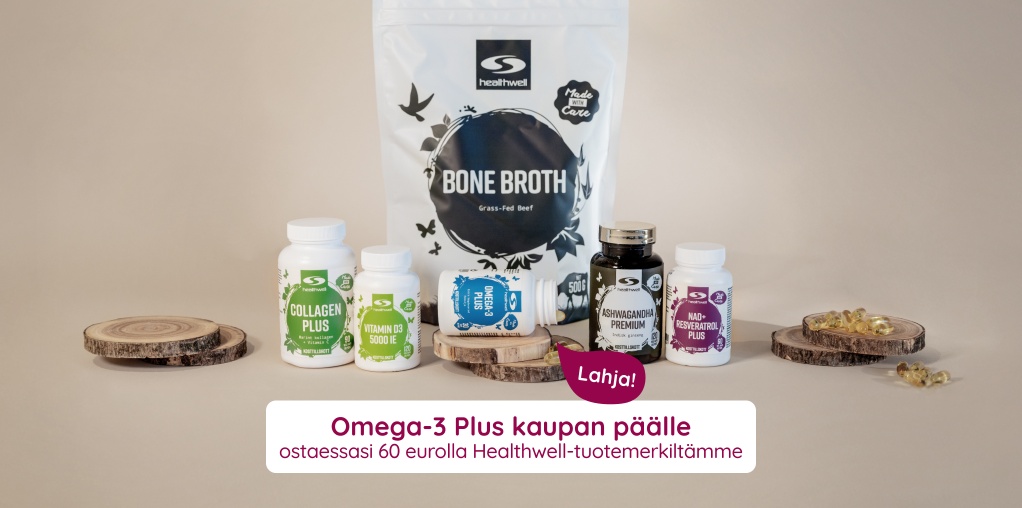 Lahja! Omega-3 Plus kaupan p��lle ostaessasi 60 �:lla Healthwell-tuotemerkilt�mme